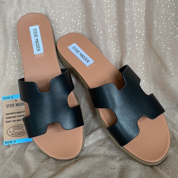 Brand New Steve Madden Genuine Leather H-Band Black Comfortable Slides Sandals - Picture 11 of 11
